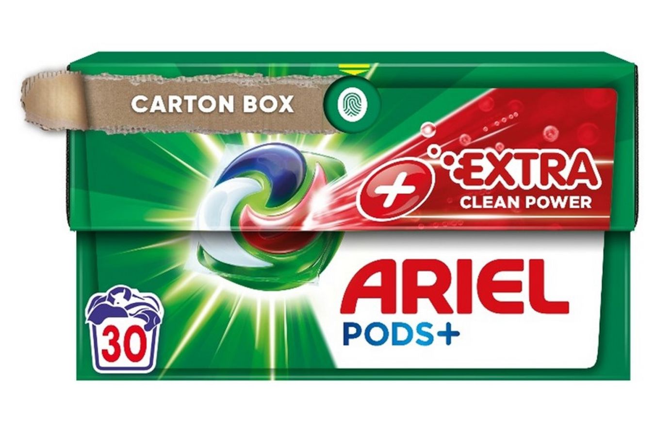 Nové ergonomické kartonové balení kapslí Ariel snižuje množství používaných plastů